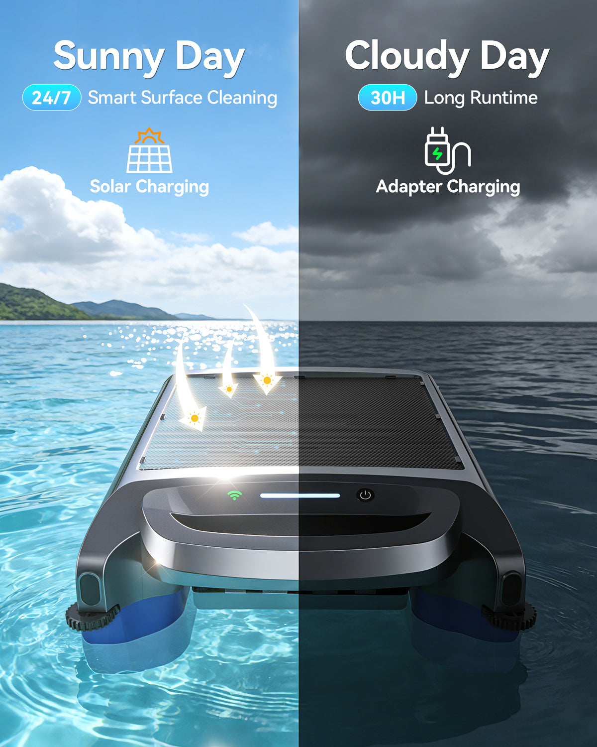 Poofata 2026 New V1T Solar Pool Skimmer, Robotic Pool Surface Skimmer Cleaner with App Control -24/7 Continuous Cleaning Smart Obstacle Avoidance Dual Charging Options Ideal for Above Ground Pool
