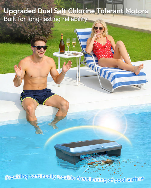 Poofata F1T Solar Powered Robotic Pool Skimmer Surface Cleaner with APP Support Dual Charging Options Smart Obstacle Avoidance 24/7 Continuous Cleaning Ideal for Above Ground Pool